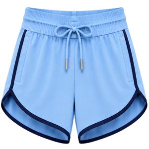 Light Blue <b>Women</b> Running <b>Shorts</b> With Navy Piping Polyester Quick Dry <b>Elastic</b> <b>Waist</b> Drawstring Gym Fitness Activewear <b>Shorts</b> OEM - Product Image 1