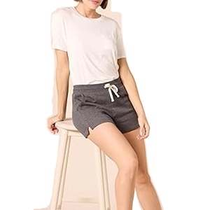 Women's Gray Knitted Drawstring Shorts With Bow Detail Casual Mid Waist Breathable Regular Fit Solid Color Short <b>Pants</b> - Product Image 1