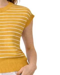 Gilet tricoté sans manches jaune personnalisé pour femme, à rayures blanches, col rond, doux, léger, décontracté, élégant, pour l'été - Product Image 3