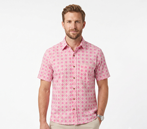 <b>Men's</b> <b>Pink</b> Geometric Print Short Sleeve Casual <b>Shirt</b> Turn-down Collar 100% Cotton Breathable ODM Summer Wear - Product Image 1