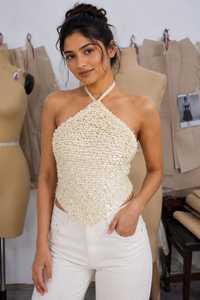 Haut court d'été pour femme, fait main, à sequins, style coquillage, dos nu, avec embellissements perlés, 100% polyester, en dentelle, séchage rapide, pour la plage - Product Image 6