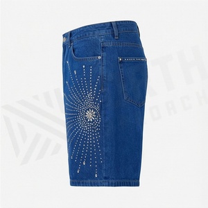 Jeans courts de bonne qualité pour hommes, en coton, coupe droite, décontractés, avec strass, denim, streetwear d'été, couleur personnalisée, vêtements tendance - Product Image 3
