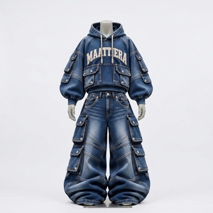 <b>Womens</b> Blue Denim Hoodie and Cargo <b>Baggy</b> <b>Jeans</b> Set Oversized Streetwear Two Piece Outfit Custom Wholesale Apparel - Product Image 3
