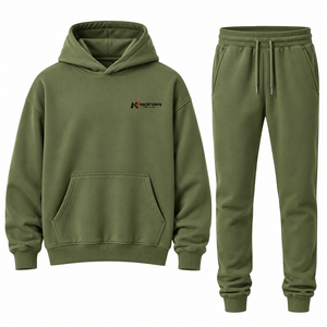 Noeyan Men's Olive <b>Green</b> Hooded Tracksuit <b>Set</b> Casual Full Length Sweatshirt and Joggers Solid Color Breathable Cotton Outfit - Product Image 1