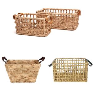 LEATHER STRAP <b>Wicker</b> Storage <b>Baskets</b> Hyacinth <b>Basket</b> Easy Carrying Laundry Bin - Product Image 1