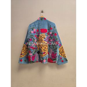 Hand Embroidered Cotton <b>Jacket</b> With Tiger And Floral <b>Pattern</b> Mandarin Collar Autumn Wear - Product Image 5