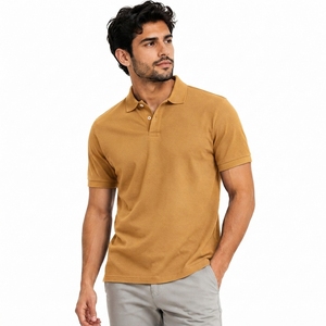 Polo en piqué de coton pour homme, manches courtes, couleur unie, respirant, décontracté, tricoté, coupe classique, jaune moutarde - Product Image 3