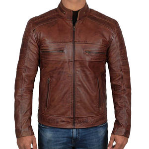 Men's Brown Genuine Leather <b>Racer</b> <b>Jacket</b> Stand Collar Zip Up Moto Biker Coat Windproof - Product Image 1