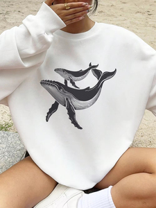Nouveaux Sweats à Capuche pour Femmes de Qualité Supérieure, Imprimés Baleines à Dos Courbé, Polaire Chaude, Style Sportif, Col Rond, Coupe Ample, Automne - Product Image 5