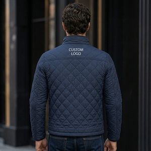 Men's Navy Quilted <b>Jacket</b> With Custom Logo Front Zipper Stand Collar Casual Autumn Wear Windproof Polyester Wadding - Product Image 3