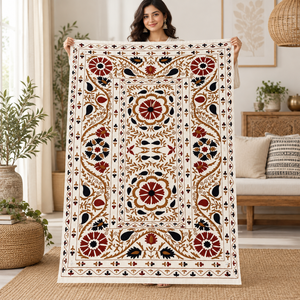 Premium Suzani Cotton Bedsheet White Maroon Black <b>Floral</b> Embroidery Handmade Indian Boho Ethnic Home Decor <b>Bedspread</b> Coverlet - Product Image 2