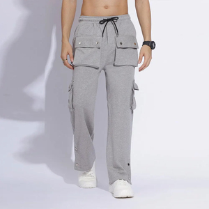 Pantalones Deportivos de Pierna Recta de Cintura Alta, Gruesos, de Felpa, Tipo Cargo, de Algodón y Poliéster, Teñidos Lisos - Product Image 1