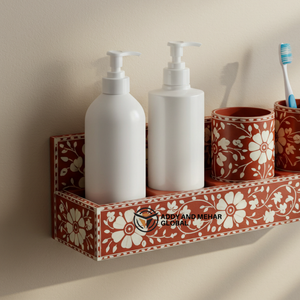 Handcrafted Floral Bone Inlay Bathroom Organizer <b>Set</b> Wall-Mounted Vanity Shelf with Dual <b>Soap</b> Dispensers and Toothbrush Holders - Product Image 5