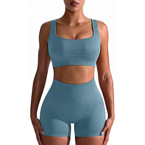 Meilleures ventes : Ensemble 2 pièces côtelé sans couture respirant en Spandex/Nylon pour femme – Legging taille haute et brassière de sport pour le fitness et le yoga - Product Image 1