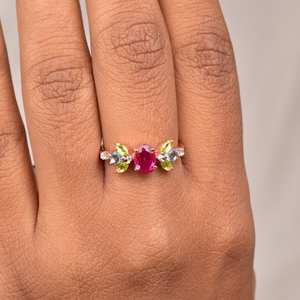 Hermoso Anillo de Compromiso Religioso con Rubí y Peridoto, Plata de Ley 925, Chapado en Oro de 14K, Chapado en Rodio, Anillo con Racimo de Piedras Preciosas - Product Image 2