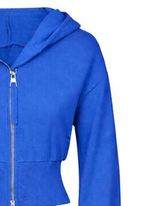 Sudadera con capucha corta azul real para mujer, personalizada por el fabricante, con cremallera, corte ajustado, manga larga, estilo casual urbano, de algodón y forro polar. - Product Image 4