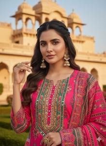 Maslin de estilo indio y paquistaní con diseño de impresión digital y trabajo de espejo real con borde de encaje pesado Listo Salwar Kameez - Product Image 2