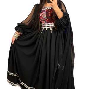 Black Embroidered Chiffon Bohemian Dress Floor Length A-Line Long Sleeve <b>Square</b> Neck Embroidery Style Wedding Dresses - Product Image 1