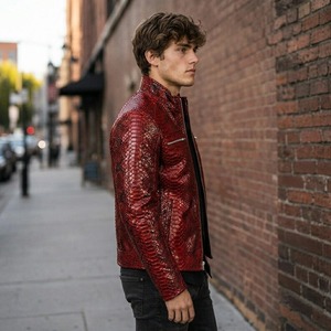 Chaqueta de Cuero de Pitón para Hombre, Chaqueta de Motero Hecha a Mano con Piel de Serpiente, Estilo Moto en Cuero Vacuno Rojo, Ropa de Abrigo para Otoño y Navidad - Product Image 2