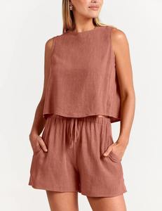 Women Summer Clothes Lounge 100% Cotton Two Piece Set Hot Selling Solid Color Sleeveless Tank Tops and Short Women's Sets OEM - Product Image 3