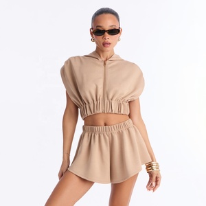 Women Hooded Crop <b>Top</b> With Puff Sleeves <b>Zipper</b> Front Solid Color Knitted Breathable Summer Casual Wear Short Length - Product Image 1