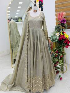 Ensemble Anarkali Salwar Kameez brodé bleu avec dupatta, robe à manches longues pour mariage et fêtes, pour femmes - Product Image 4