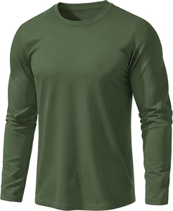Camiseta de Manga Larga para Hombre, Color Verde Sólido, de Secado Rápido, Cuello Redondo, Corte Regular, Estilo Casual - Product Image 1