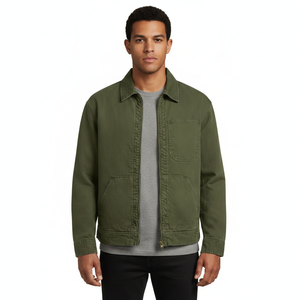Chaqueta de Mezclilla Verde Oliva para Hombre con Cierre de Cremallera, Corte Regular, Color Sólido, Estilo Casual para Otoño, Bolsillos, Detalle de Costuras - Product Image 2