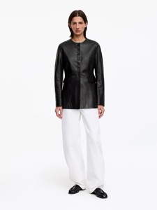 Blouson en cuir PU noir pour homme, col rabattable, fermeture éclair, coupe ajustée décontractée, longueur standard, couleur unie, vêtement d'hiver 2026, devant - Product Image 1