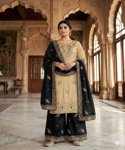 Conjunto Moderno de Top y Pantalón Palazzo con Bordado de Seda y Lentejuelas, con Dupatta, Ropa Étnica para Mujer, Vestido para Bodas y Fiestas 82502 JF-039 - Product Image 1