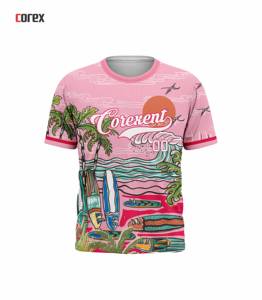 เสื้อคอเร็กซ์สีชมพูพิมพ์ลายทรอปิคอลแขนสั้นคอกลมลายฮาวาย - Product Image 1