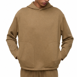 Sudadera con Capucha Color Caqui, Corte Holgado, Color Sólido, Algodón French Terry, Estilo Casual para Otoño, Diseño con Bolsillos - Product Image 1
