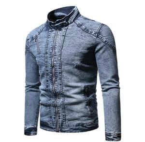 Veste en jean unisexe coupe ajustée, col montant, fermeture éclair, bleu délavé, style décontracté, manches classiques, pour l'hiver, respirante, devant zippé - Product Image 2