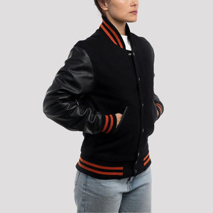 Blouson Bomber Varsity Premium pour Femme en Laine et Cuir – Corps en Laine, Manches en Cuir, Poignets Côtelés et Boutons-Pression - Product Image 3