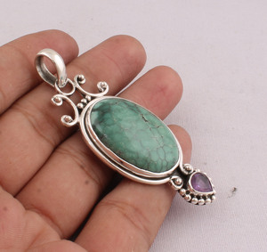 Pendentif en turquoise tibétaine naturelle serti de pierres, en argent sterling 925, vente en gros, pierre précieuse turquoise authentique, fait main - Product Image 4
