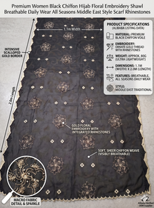 Premium Women Black Chiffon Hijab Floral Embroidery Shawl Breathable Daily Wear All Seasons Middle East Style Scarf Rhinestones - Product Image 5
