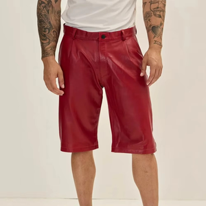 Shorts Bermuda Formels Rouges pour Hommes en Cuir Véritable à 100 % avec Fermeture Boutonnée, Taille Mi-Haute, Respirants, Logo Avant, Couleur Unie, Poches - Product Image 1