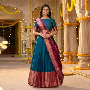 ชุดเลเฮนกาโชลีผ้าไหมบานาราซี งานปักดิ้นแบบดั้งเดิม ยาวถึงพื้น แห้งเร็ว ไม่ยับ ดีไซน์หรูหรา สำหรับงานปาร์ตี้ ดิวาลี ชายหาด - Product Image 1