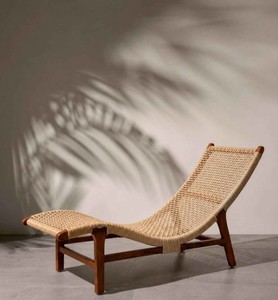 Chaise longue moderne en rotin avec pieds en teck, dossier inclinable, design mid-century, meubles de salon - Product Image 4