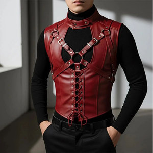 Chaleco de Cuero Sintético Rojo para Hombre con Arnés - Chaleco de Cuero Gótico con Cordones - Chaleco Personalizado - Product Image 1