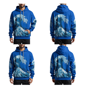 เสื้อฮู้ดดี้สีน้ำเงินรอยัลสำหรับผู้ชาย พิมพ์ลายคลื่นดิจิทัล ทรงโอเวอร์ไซส์ สไตล์สตรีทแวร์ เสื้อสเวตเชิ้ต - Product Image 3