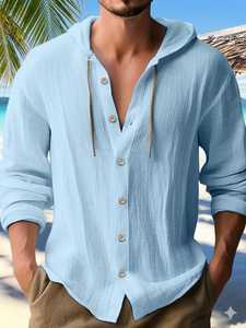 Chemise à capuche en coton texturé pour homme Everlooks, style nomade urbain, boutonnée, Zenith Slate Blue, coton froissé - Product Image 3