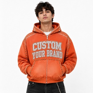 Sweat-shirt à capuche zippé orange personnalisé avec strass, épaules tombantes, style streetwear, pour un confort unisexe - Product Image 3