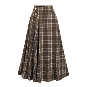 Damen Vintage Karierter A-Linien Maxirock mit Hoher Taille und Knöpfen aus Wollmischung für den Winter, Maschinenwaschbar - Product Image 1