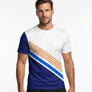 Camiseta de Manga Corta para Hombre, Blanca, Azul y Naranja, con Estampado Sublimado, Transpirable, Corte Regular, Estilo Casual, Cuello Redondo, Tejido de Punto - Product Image 3