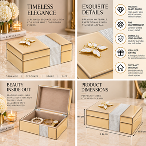 Caja de Almacenamiento de Joyas de Vidrio Dorado Cálido con Banda de Cristal y Acento de Mariposa, Acabado Brillante, Forro Suave, Organizador Decorativo - Product Image 5