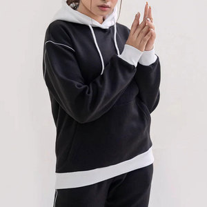 Ensemble de survêtement pour femmes, à capuche, manches longues, couleur unie, noir et blanc, décontracté, pour l'automne, respirant, 100% coton, coupe ample - Product Image 5
