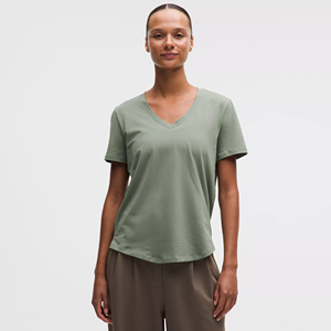 Camiseta de Verano Personalizada para Mujer, con Dobladillo Curvo, 100% Algodón, Informal, Transpirable, Jersey Sólido, Manga Larga, Cuello en V - Product Image 1