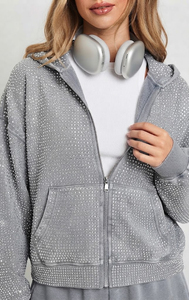 Ensemble de survêtement unisexe en molleton avec sweat à capuche zippé orné de strass surdimensionnés, design gris uni, tissu tricoté respirant, idéal pour l'automne et les tenues décontractées. - Product Image 6