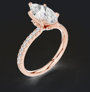 Bague de fiançailles en or rose 14 carats avec diamant taille marquise, sertie de griffes et bande pavée de diamants, bijoux de mariée élégants - Product Image 2